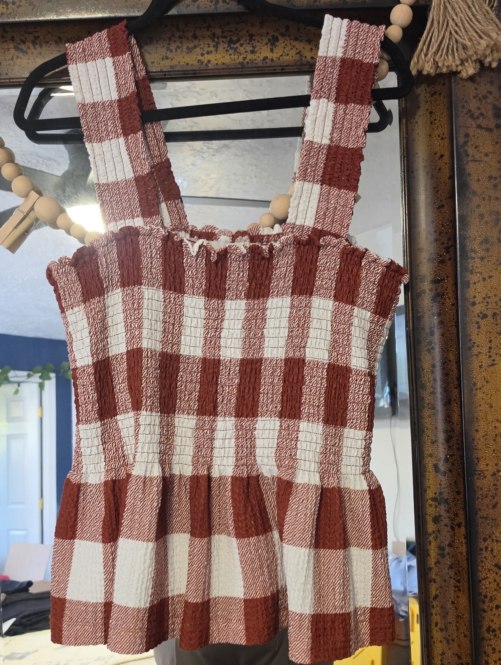 LOFT Rust Red & White Gingham Smocked Peplum Camisole